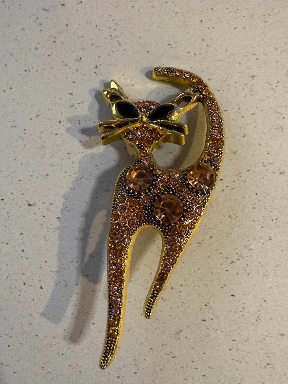 Gold Crystal Cat Brooch - Gold Pink Rhinestone Cat Pin